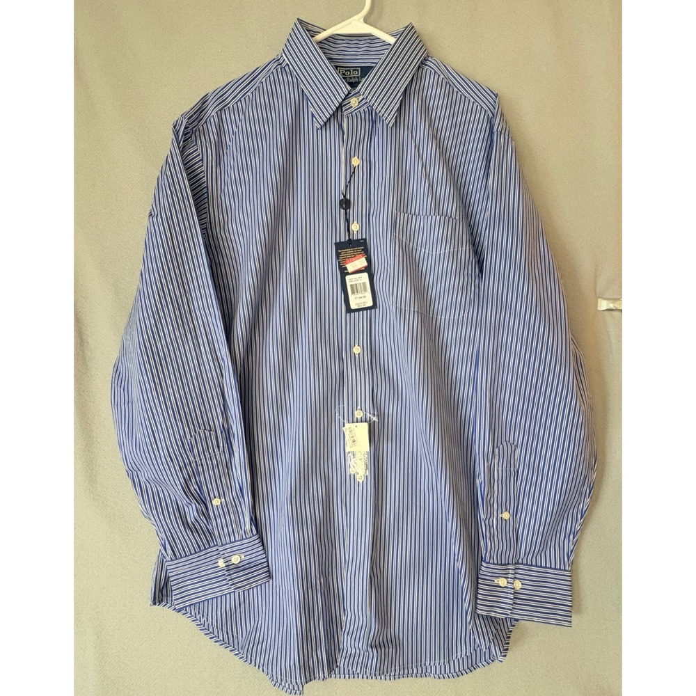 NWT Polo Ralph Lauren Andrew Classic Fit Blue White Striped Dress Shirt 17 34/35